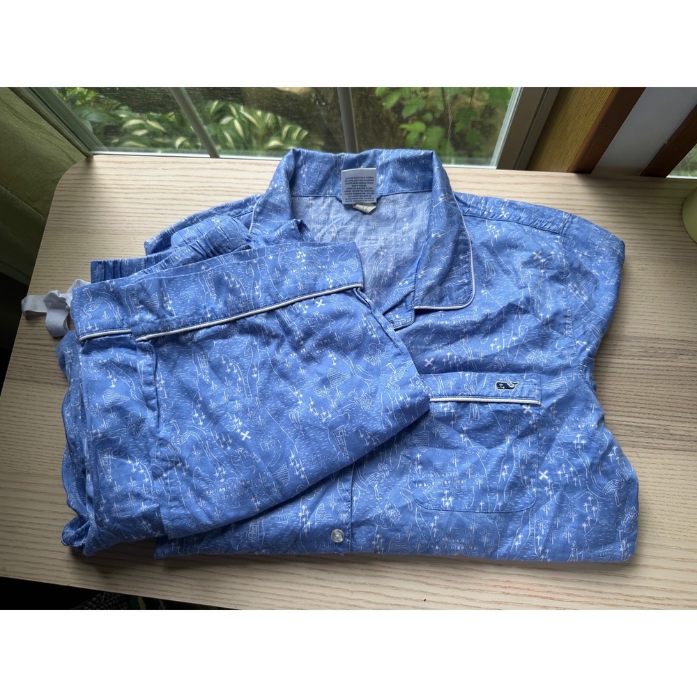 Vineyard Vines 100% Cotton Womens Small Blue Coastal Map Toile Print Pajama Set